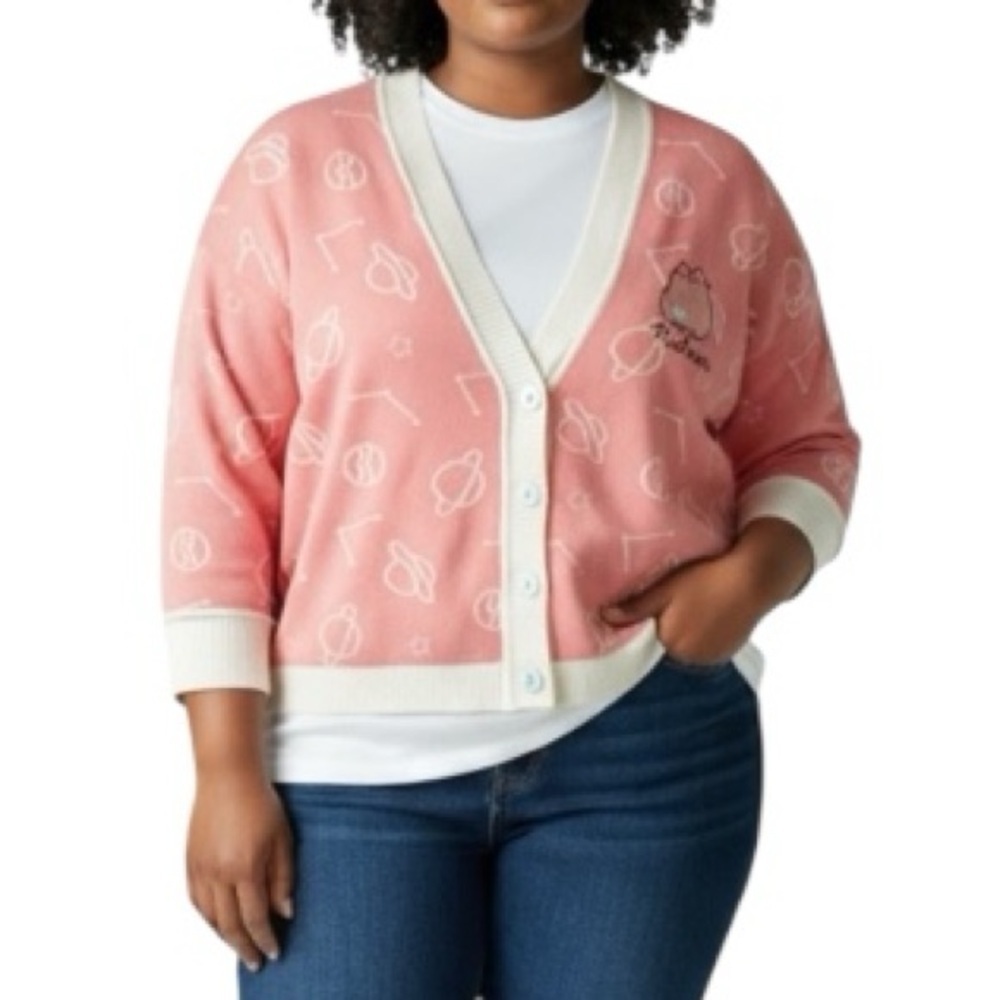 Like NEW Pusheen Cat Pink White Cardigan Sweater Size XL/1X Hello Kitty - Picture 7 of 8